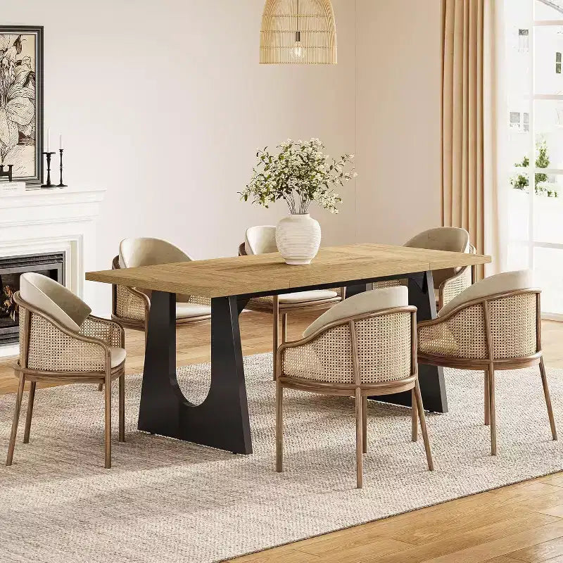 Tavolo da pranzo rettangolare da 70.8 pollici per 6 persone, moderno tavolo da cucina in legno con base nera robusta, colore naturale per il soggiorno.