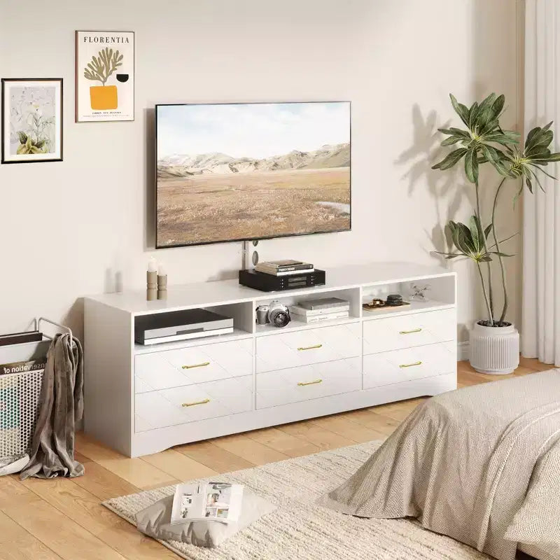 Living Room Bedroom 6 Drawer TV Stand Dresser with Mount, Wood Media Console Storage Entertainment Center, Multiple Colors