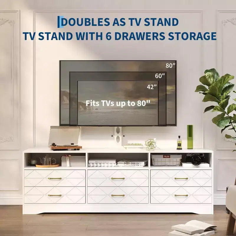 Living Room Bedroom 6 Drawer TV Stand Dresser with Mount, Wood Media Console Storage Entertainment Center, Multiple Colors