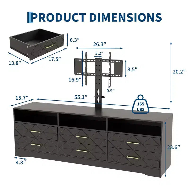 Living Room Bedroom 6 Drawer TV Stand Dresser with Mount, Wood Media Console Storage Entertainment Center, Multiple Colors