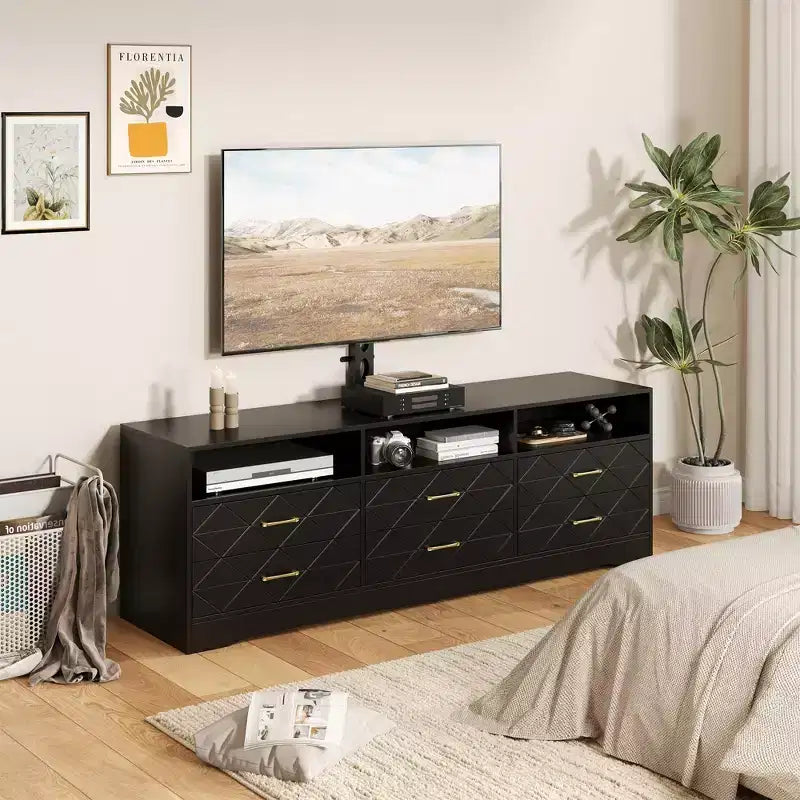 Living Room Bedroom 6 Drawer TV Stand Dresser with Mount, Wood Media Console Storage Entertainment Center, Multiple Colors