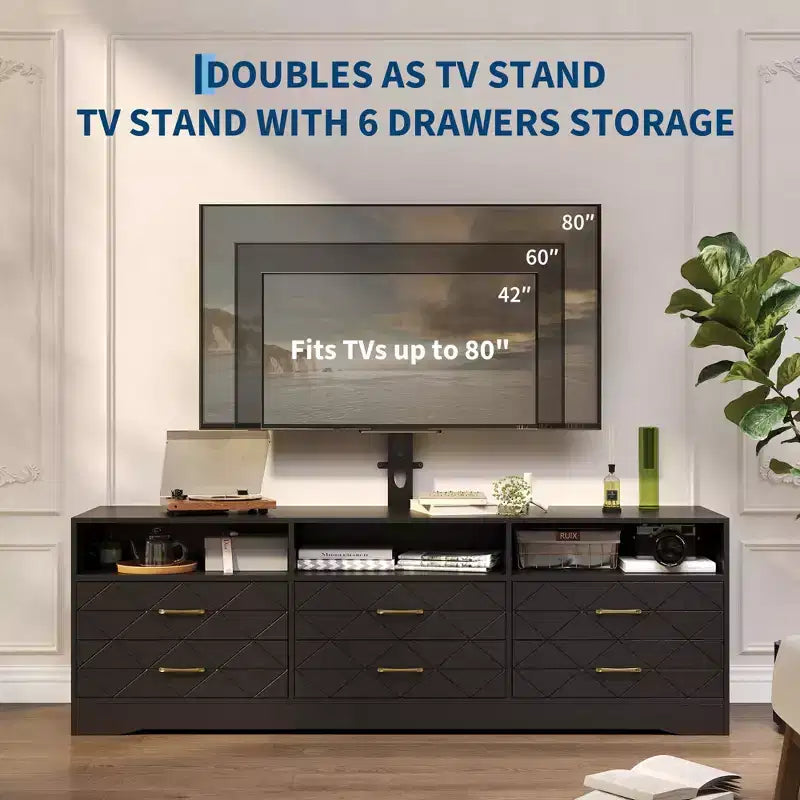Living Room Bedroom 6 Drawer TV Stand Dresser with Mount, Wood Media Console Storage Entertainment Center, Multiple Colors