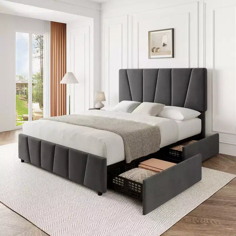 Struttura letto con contenitore e testiera regolabile, imbottita, con cassetti, doghe in legno, senza necessità di rete a molle, per camera da letto moderna