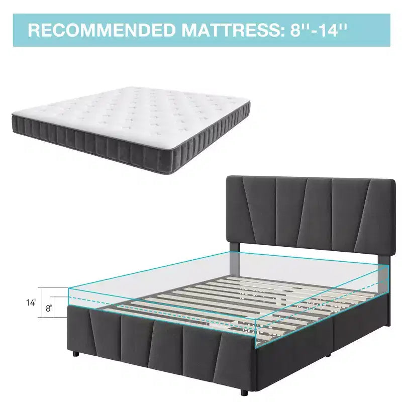 Struttura letto con contenitore e testiera regolabile, imbottita, con cassetti, doghe in legno, senza necessità di rete a molle, per camera da letto moderna