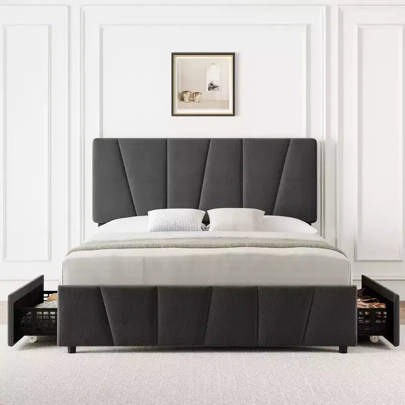 Struttura letto con contenitore e testiera regolabile, imbottita, con cassetti, doghe in legno, senza necessità di rete a molle, per camera da letto moderna