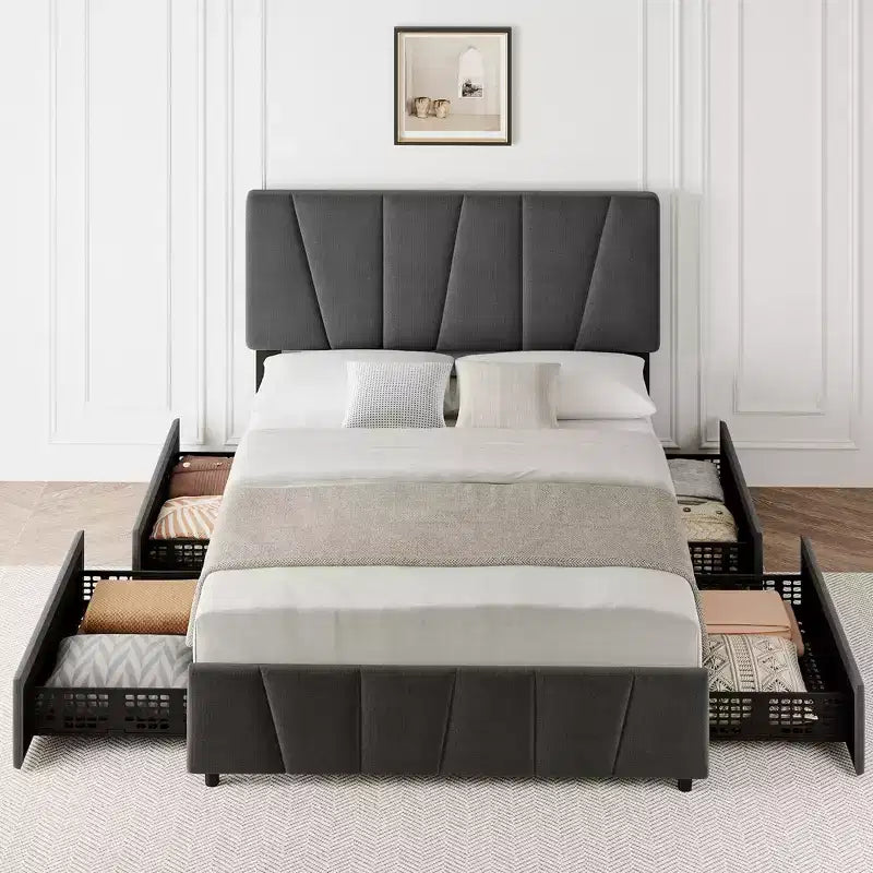 Struttura letto con contenitore e testiera regolabile, imbottita, con cassetti, doghe in legno, senza necessità di rete a molle, per camera da letto moderna