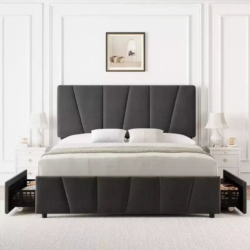 Struttura letto con contenitore e testiera regolabile, imbottita, con cassetti, doghe in legno, senza necessità di rete a molle, per camera da letto moderna