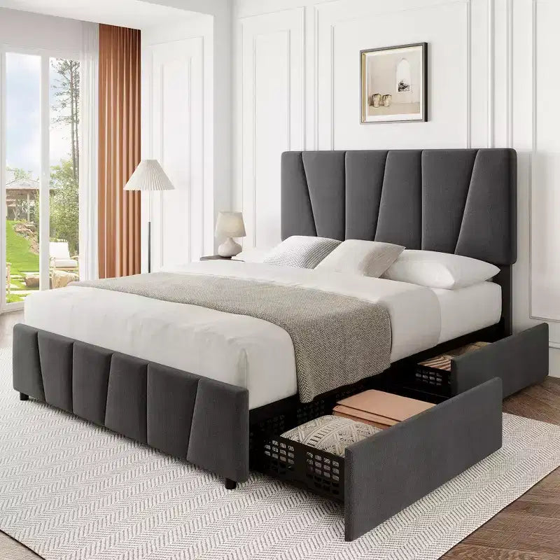 Struttura letto con contenitore e testiera regolabile, imbottita, con cassetti, doghe in legno, senza necessità di rete a molle, per camera da letto moderna