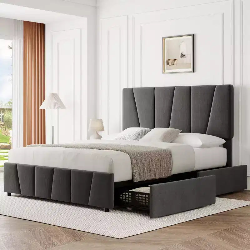 Struttura letto con contenitore e testiera regolabile, imbottita, con cassetti, doghe in legno, senza necessità di rete a molle, per camera da letto moderna