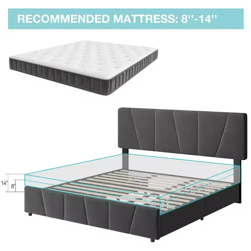 Struttura letto con contenitore e testiera regolabile, imbottita, con cassetti, doghe in legno, senza necessità di rete a molle, per camera da letto moderna