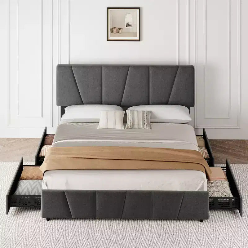 Struttura letto con contenitore e testiera regolabile, imbottita, con cassetti, doghe in legno, senza necessità di rete a molle, per camera da letto moderna