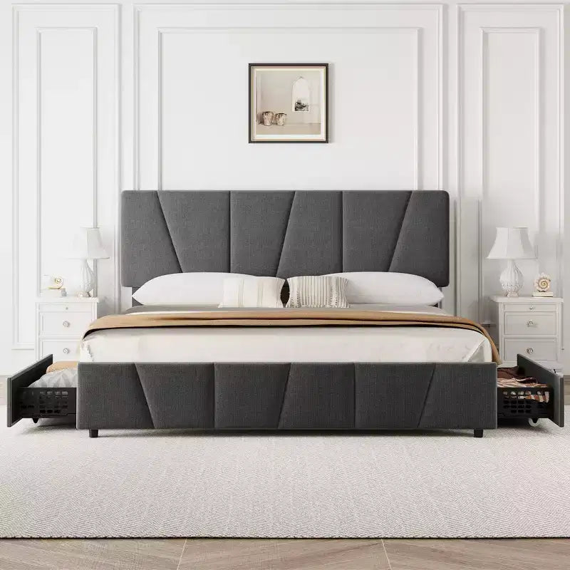 Struttura letto con contenitore e testiera regolabile, imbottita, con cassetti, doghe in legno, senza necessità di rete a molle, per camera da letto moderna