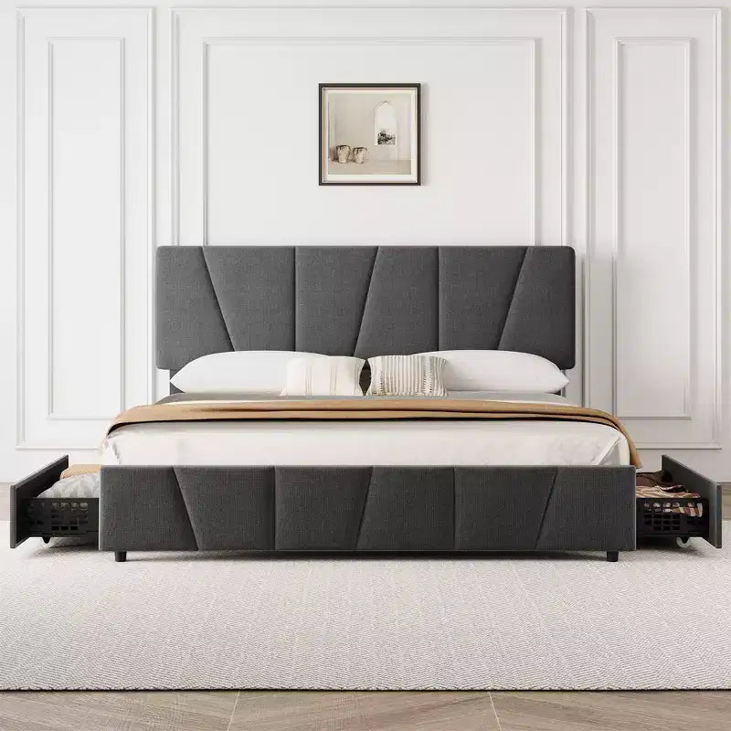 Struttura letto con contenitore e testiera regolabile, imbottita, con cassetti, doghe in legno, senza necessità di rete a molle, per camera da letto moderna