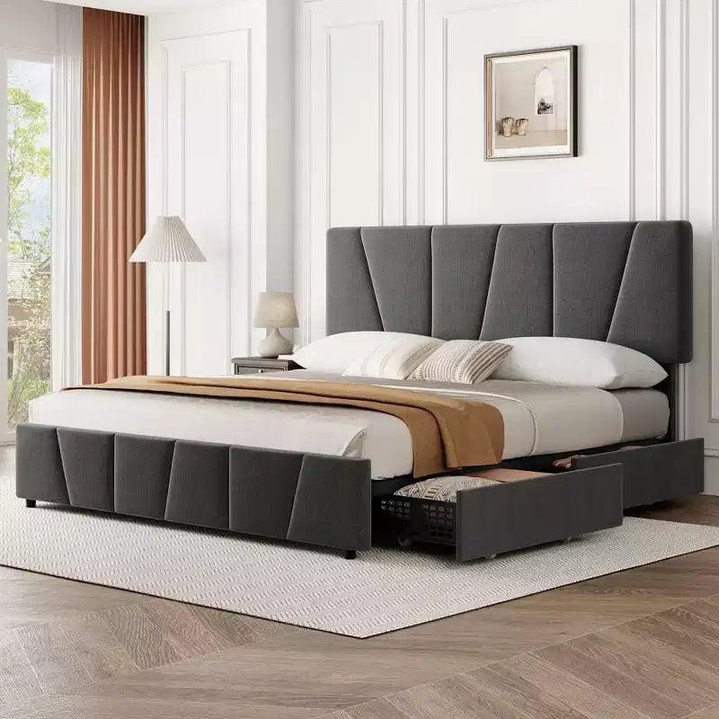 Struttura letto con contenitore e testiera regolabile, imbottita, con cassetti, doghe in legno, senza necessità di rete a molle, per camera da letto moderna