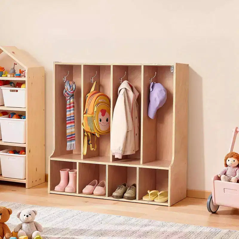 4-Section Kids Coat Locker, Wooden Toddler Cubby Storage Organizer with 8 Hooks & Non-Slip Mat & 4 Small Open Storage Boxes, Wood Color