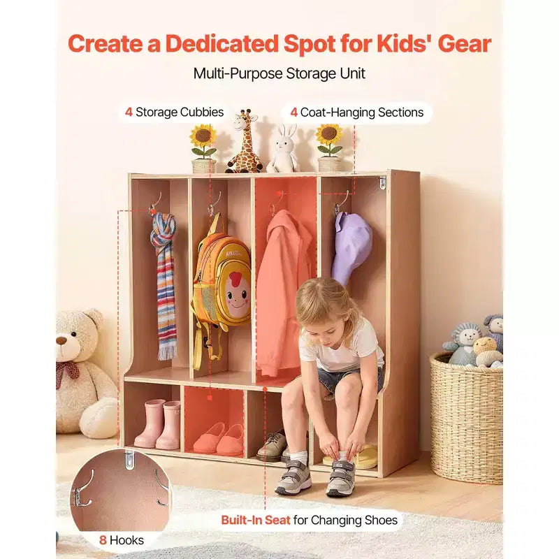 4-Section Kids Coat Locker, Wooden Toddler Cubby Storage Organizer with 8 Hooks & Non-Slip Mat & 4 Small Open Storage Boxes, Wood Color