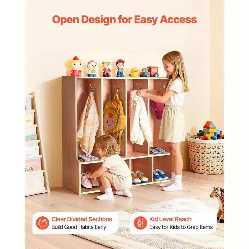 4-Section Kids Coat Locker, Wooden Toddler Cubby Storage Organizer with 8 Hooks & Non-Slip Mat & 4 Small Open Storage Boxes, Wood Color
