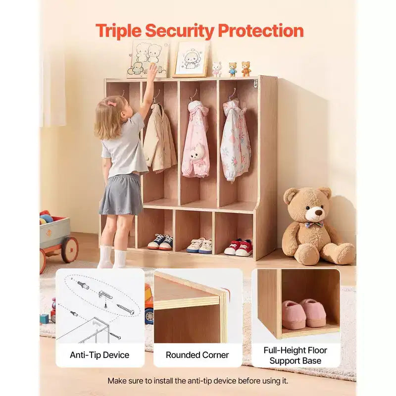4-Section Kids Coat Locker, Wooden Toddler Cubby Storage Organizer with 8 Hooks & Non-Slip Mat & 4 Small Open Storage Boxes, Wood Color