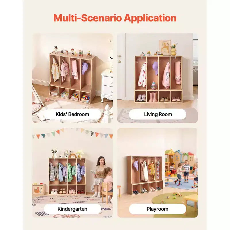 4-Section Kids Coat Locker, Wooden Toddler Cubby Storage Organizer with 8 Hooks & Non-Slip Mat & 4 Small Open Storage Boxes, Wood Color