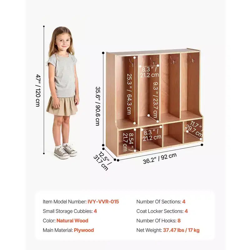 4-Section Kids Coat Locker, Wooden Toddler Cubby Storage Organizer with 8 Hooks & Non-Slip Mat & 4 Small Open Storage Boxes, Wood Color
