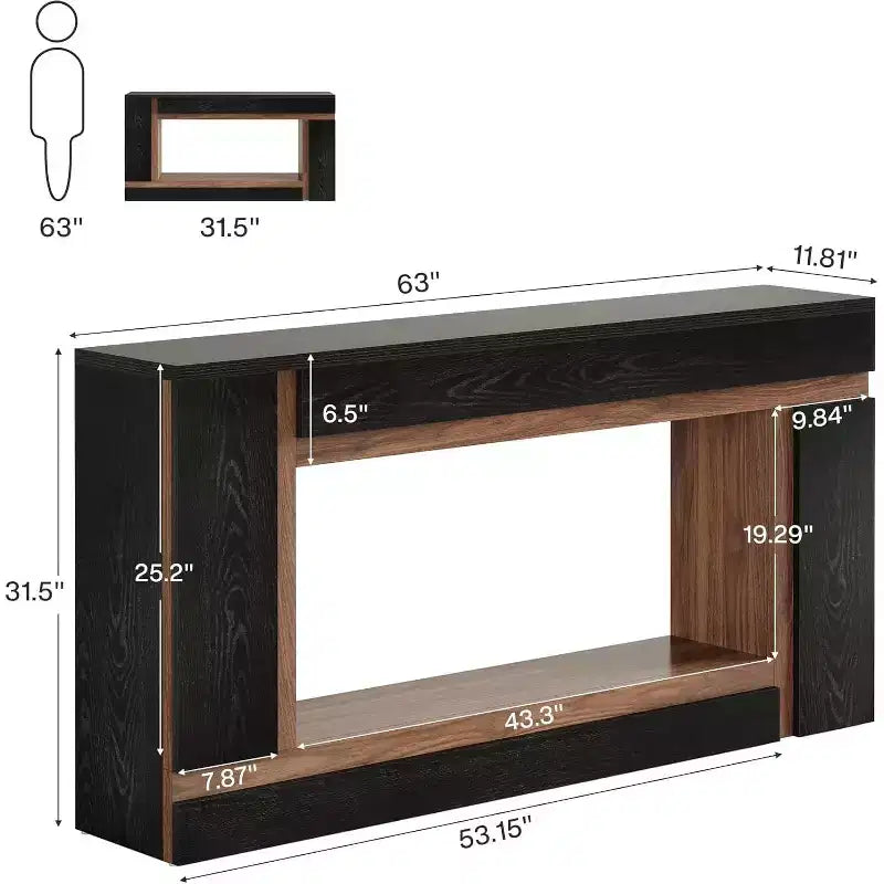 63-Inch Long Console Table for Entryway, 2-Tier Wooden Sofa Table Behind Couch for Hallway, Foyer, Front Door, Living Room, Black & Walnut