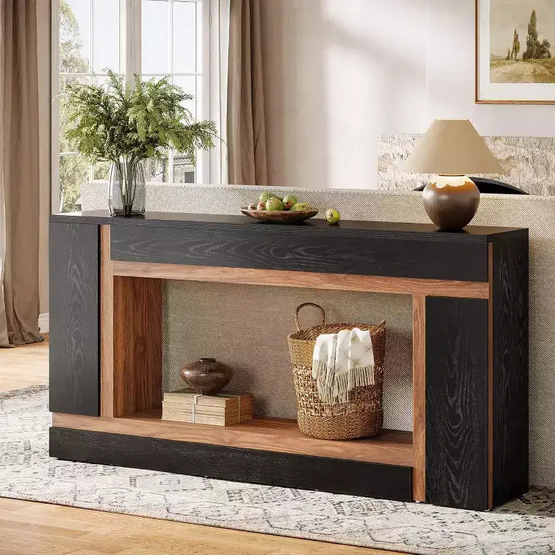63-Inch Long Console Table for Entryway, 2-Tier Wooden Sofa Table Behind Couch for Hallway, Foyer, Front Door, Living Room, Black & Walnut