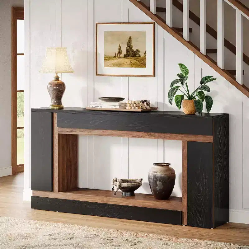 63-Inch Long Console Table for Entryway, 2-Tier Wooden Sofa Table Behind Couch for Hallway, Foyer, Front Door, Living Room, Black & Walnut