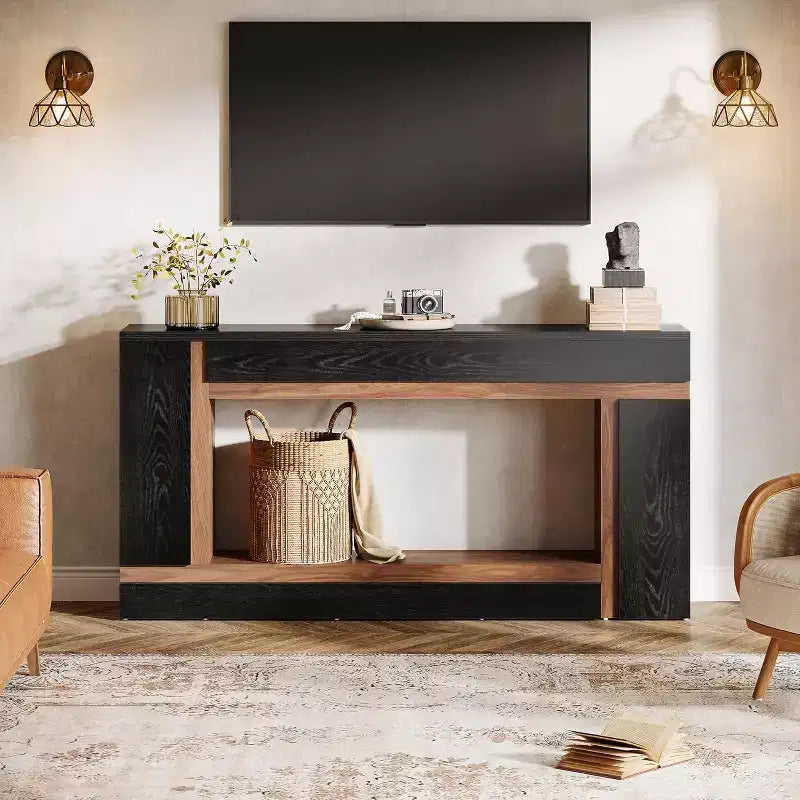 63-Inch Long Console Table for Entryway, 2-Tier Wooden Sofa Table Behind Couch for Hallway, Foyer, Front Door, Living Room, Black & Walnut