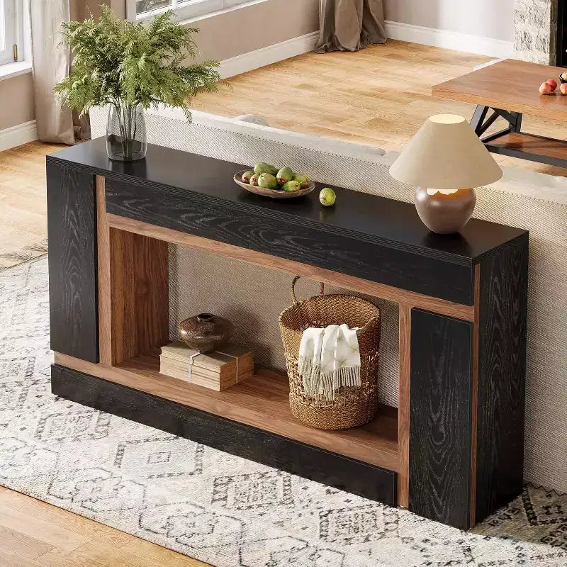 63-Inch Long Console Table for Entryway, 2-Tier Wooden Sofa Table Behind Couch for Hallway, Foyer, Front Door, Living Room, Black & Walnut