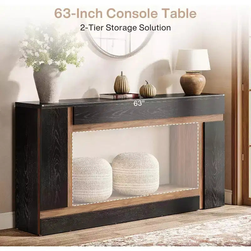 63-Inch Long Console Table for Entryway, 2-Tier Wooden Sofa Table Behind Couch for Hallway, Foyer, Front Door, Living Room, Black & Walnut