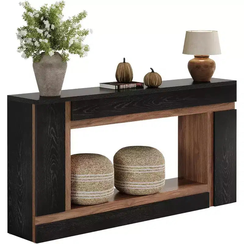 63-Inch Long Console Table for Entryway, 2-Tier Wooden Sofa Table Behind Couch for Hallway, Foyer, Front Door, Living Room, Black & Walnut