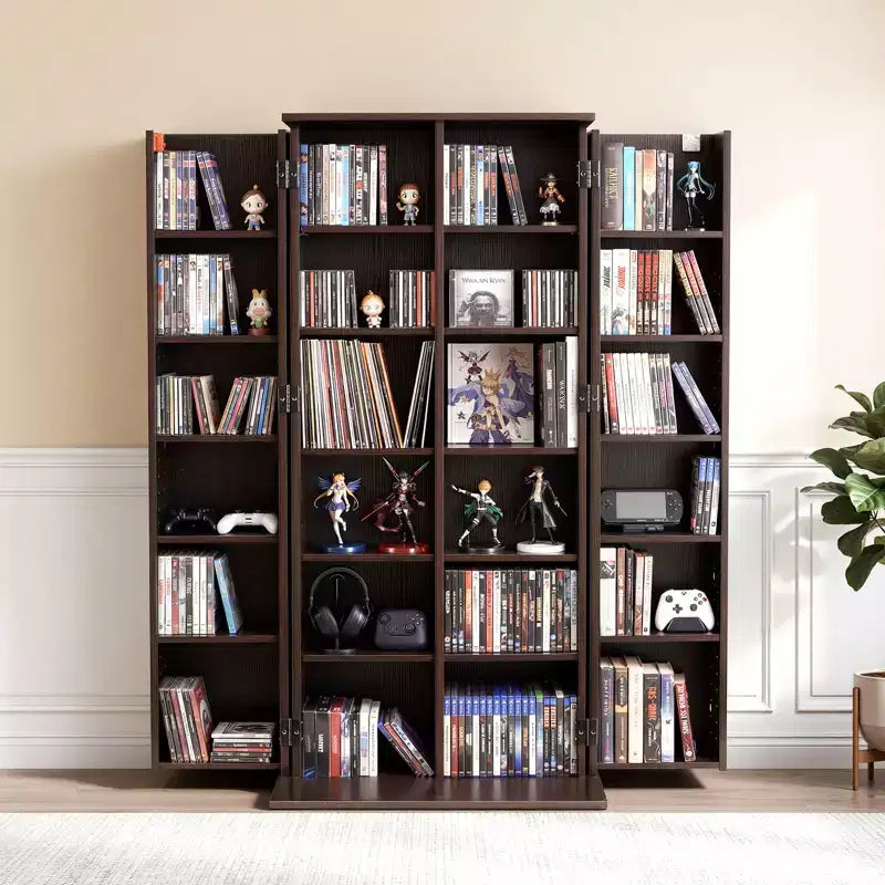 Media Storage Cabinet, 6-Tier DVD Shelf Organizer, 24.02 x 14.49 x 50 in Multimedia Storage Organizer for CDs, DVDs, Books, Games, Brown