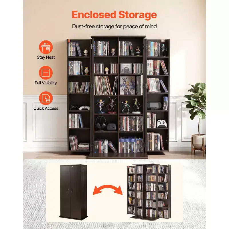 Media Storage Cabinet, 6-Tier DVD Shelf Organizer, 24.02 x 14.49 x 50 in Multimedia Storage Organizer for CDs, DVDs, Books, Games, Brown