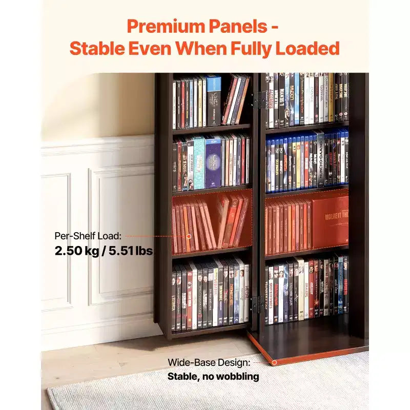 Media Storage Cabinet, 6-Tier DVD Shelf Organizer, 24.02 x 14.49 x 50 in Multimedia Storage Organizer for CDs, DVDs, Books, Games, Brown