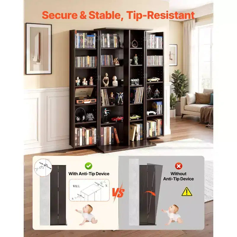 Media Storage Cabinet, 6-Tier DVD Shelf Organizer, 24.02 x 14.49 x 50 in Multimedia Storage Organizer for CDs, DVDs, Books, Games, Brown