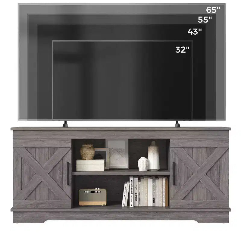 58'' Modern Farmhouse TV Stand for TVs up to 65 - Natural Grey, 200 lbs Capacity, Adjustable Storage Shelves