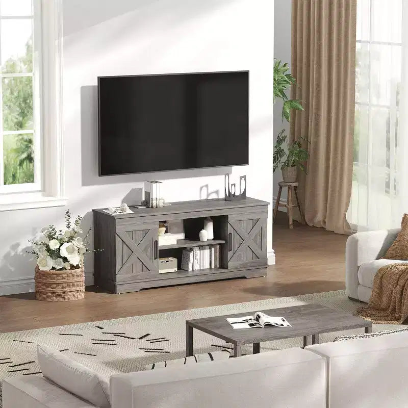 58'' Modern Farmhouse TV Stand for TVs up to 65 - Natural Grey, 200 lbs Capacity, Adjustable Storage Shelves
