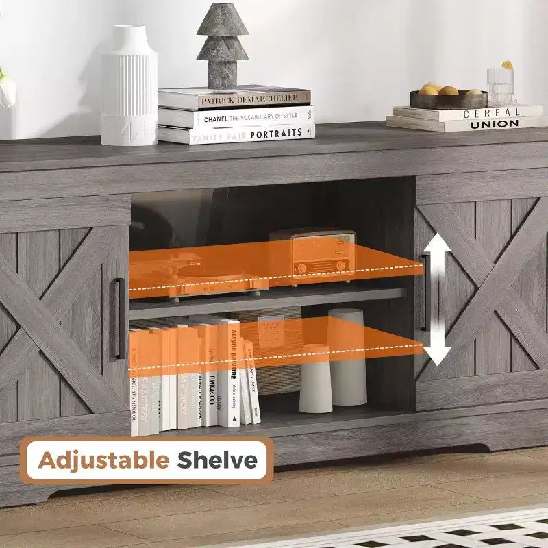 58'' Modern Farmhouse TV Stand for TVs up to 65 - Natural Grey, 200 lbs Capacity, Adjustable Storage Shelves