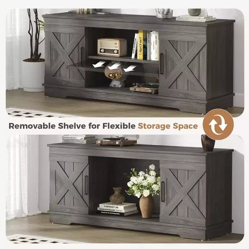 58'' Modern Farmhouse TV Stand for TVs up to 65 - Natural Grey, 200 lbs Capacity, Adjustable Storage Shelves