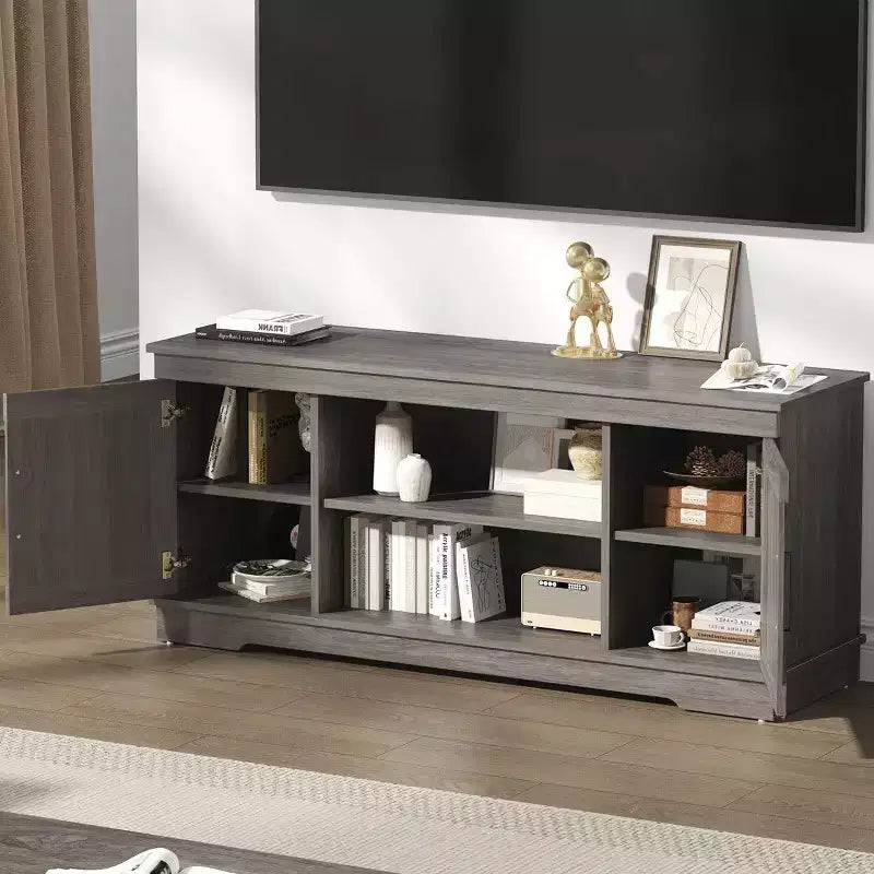 58'' Modern Farmhouse TV Stand for TVs up to 65 - Natural Grey, 200 lbs Capacity, Adjustable Storage Shelves