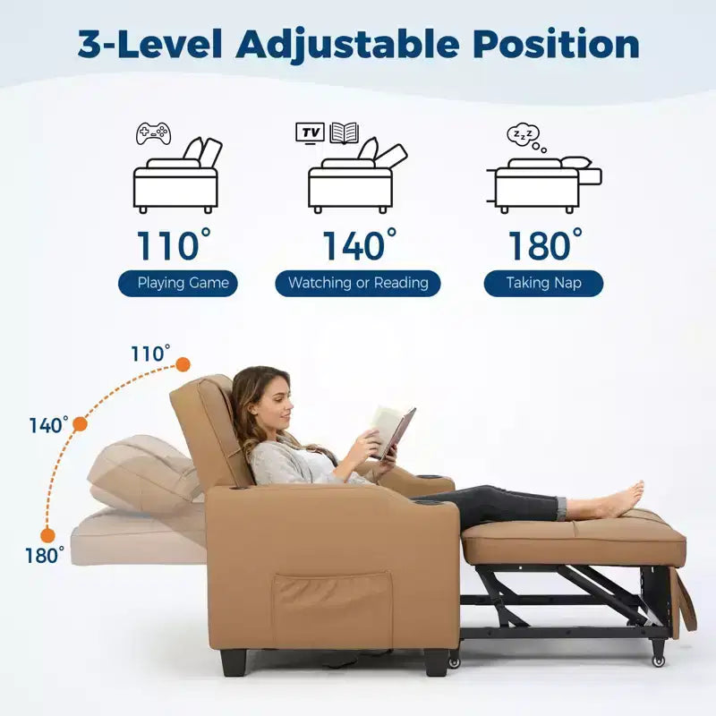 Poltrona letto trasformabile 3-in-1 con porte USB, portabicchieri e tasche laterali - divano estraibile con schienale regolabile per piccoli spazi