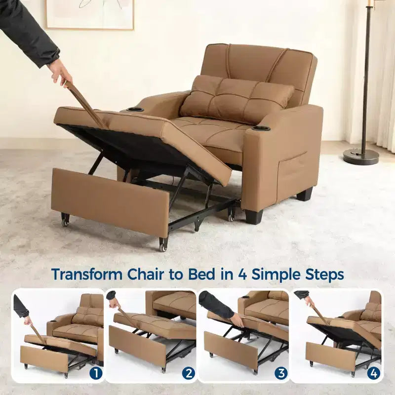 Poltrona letto trasformabile 3-in-1 con porte USB, portabicchieri e tasche laterali - divano estraibile con schienale regolabile per piccoli spazi