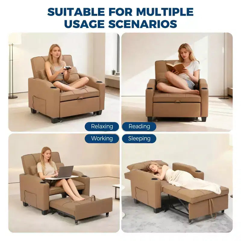 Poltrona letto trasformabile 3-in-1 con porte USB, portabicchieri e tasche laterali - divano estraibile con schienale regolabile per piccoli spazi