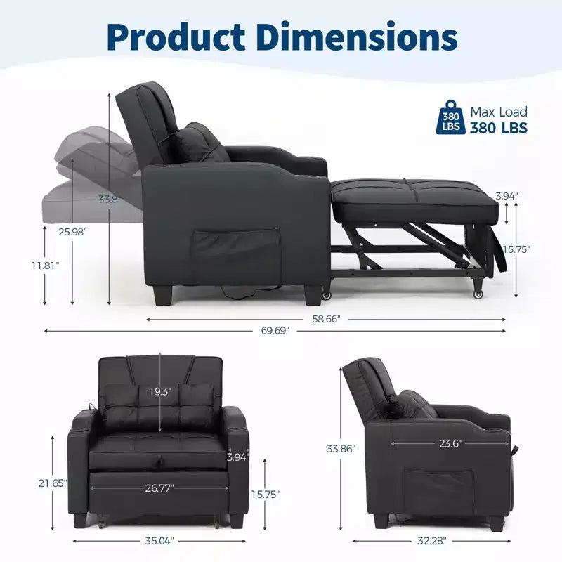 Poltrona letto trasformabile 3-in-1 con porte USB, portabicchieri e tasche laterali - divano estraibile con schienale regolabile per piccoli spazi