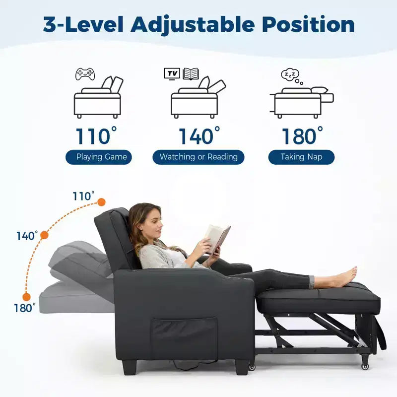Poltrona letto trasformabile 3-in-1 con porte USB, portabicchieri e tasche laterali - divano estraibile con schienale regolabile per piccoli spazi