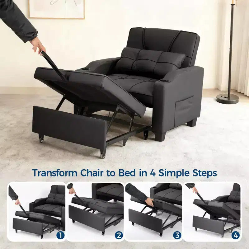 Poltrona letto trasformabile 3-in-1 con porte USB, portabicchieri e tasche laterali - divano estraibile con schienale regolabile per piccoli spazi