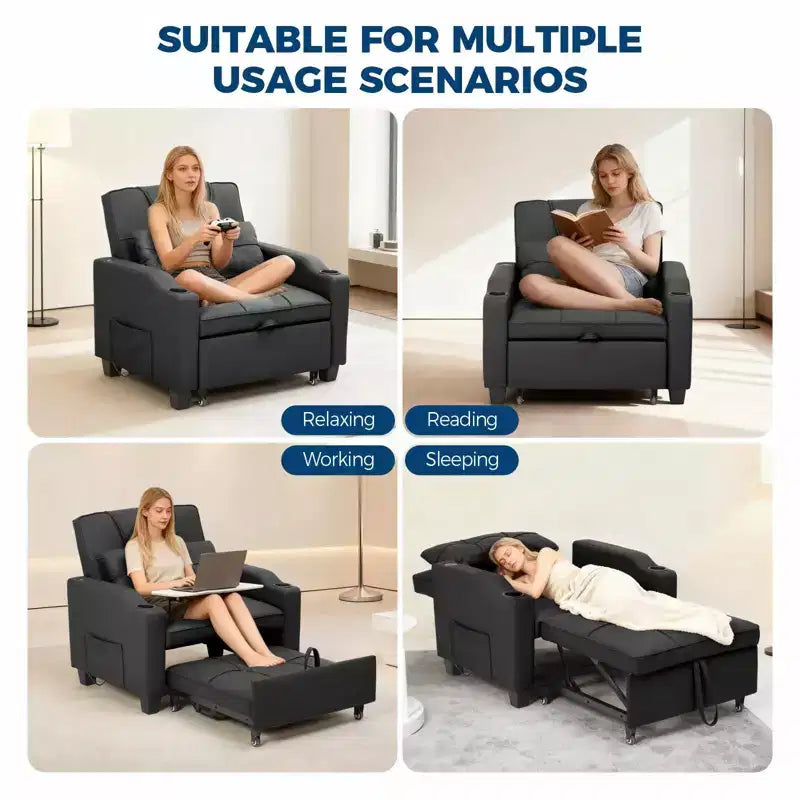 Poltrona letto trasformabile 3-in-1 con porte USB, portabicchieri e tasche laterali - divano estraibile con schienale regolabile per piccoli spazi