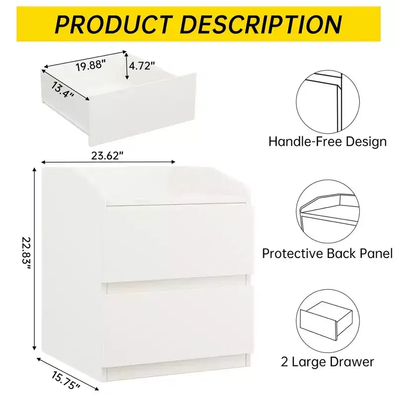Comodino moderno, tavolino da letto con 2 cassetti, design senza maniglie, per soggiorno