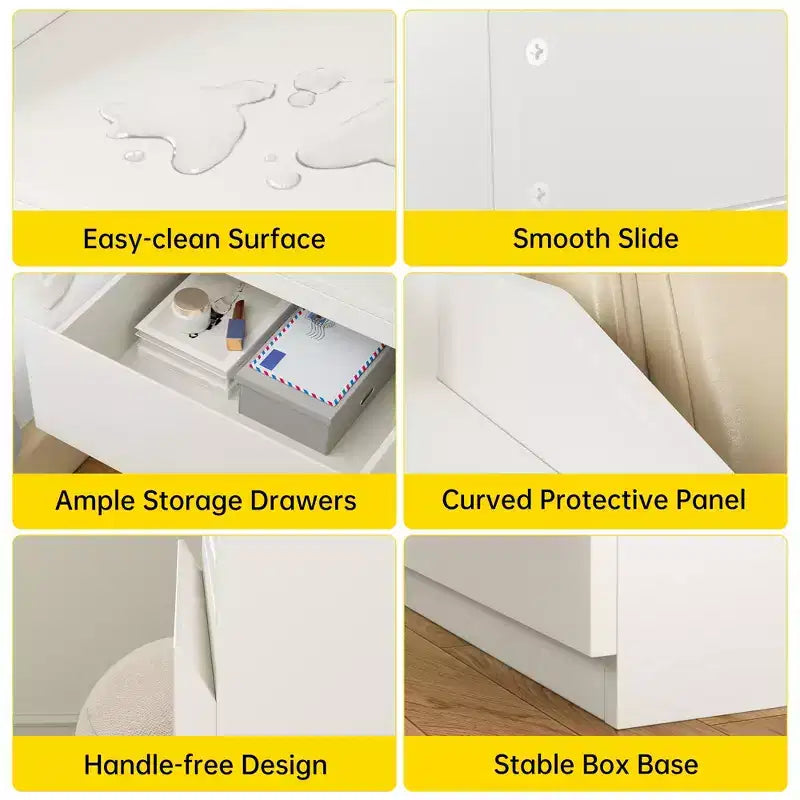 Comodino moderno, tavolino da letto con 2 cassetti, design senza maniglie, per soggiorno