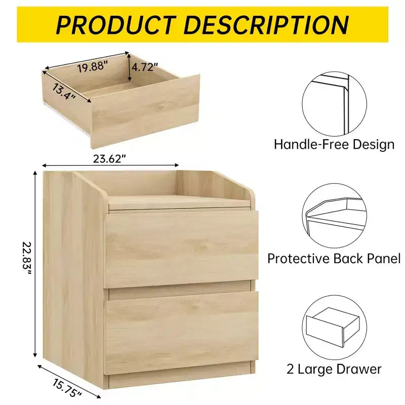 Comodino moderno, tavolino da letto con 2 cassetti, design senza maniglie, per soggiorno